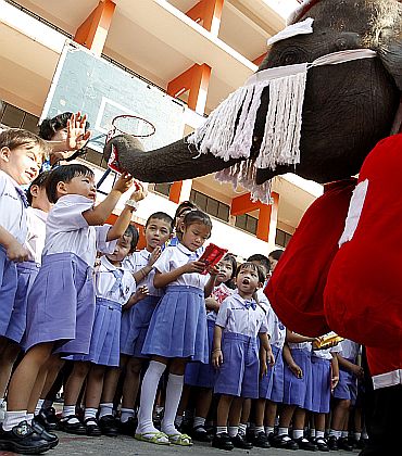 An elephant dressed as Santa Claus distributes candy to students during Christmas celebrations at Jirasart school in Ayutthaya, 70 km (44 miles) north of Bangkok, Thailand