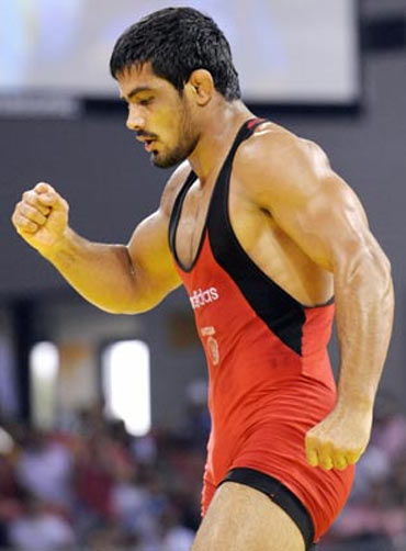 Triumphant wrestler Sushil Kumar at the Beijing Olympics
