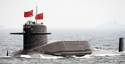 A Chinese Navy nuclear submarine takes part in an international fleet review