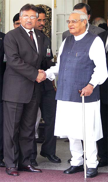 A file photograph of then Pakistan president Pervez Musharraf with former prime minister Atal Bihari Vajpayee in New Delhi in 2005