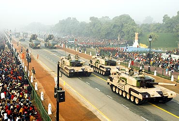 The Indian Army's MBT Arjun tanks participate in the rehearsal for the Republic Day parade in New Delhi