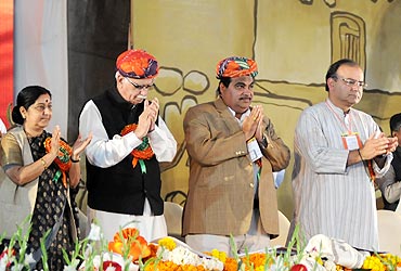 Sushma Swaraj, L K Advani, Arun Jaitley and Nitin Gadkari at the party meet in Indore on February 18, 2010