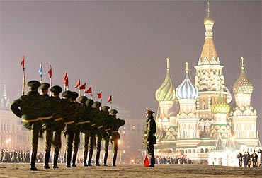 Russian soldiers march during a military parade rehearsal in Red Square Moscow