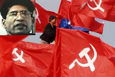A CPI-ML worker puts up party flags. (Inset) Ganapathy