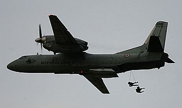 Paratroopers jump from an IAF AN-32 transport aircraft in Pokhran