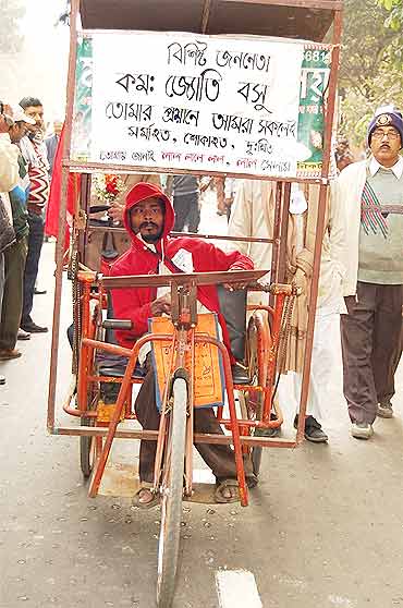 A physically challenged man at the Legislative  Assembly to pay his last respects to Basu