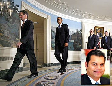 Obama leaves after urging Wall Street to roll back executive bonuses and (inset) Suhail Khan