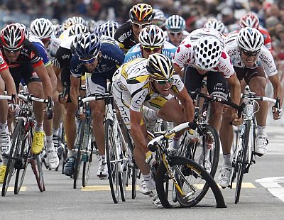 A pack of riders, including HTC Columbia's team rider Mark Cavendish (3rd R), crash during their sprint next to the finish line in the fourth stage of the Tour de Suisse from Schwarzenburg to Wettingen on June 15, 2010.