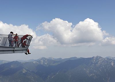 Employees work on the AlpspiX viewing platform at the southern Bavarian Alps mountain Alpspitze in Garmisch-Partenkirchen on June 29, 2010. Each arm of the so-called AlpspiX platform is 25 metres (82 feet) long and will end with a glass wall providing panoramas of Hoellental and Garmisch with a spectacular view down 1000 metres below. It is due to open on July 4.