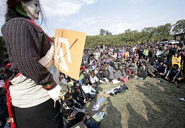 Journalists participate in a sit-in protest in Kathmandu