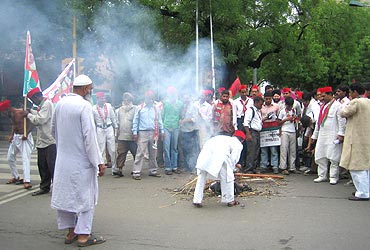 SP workers burn an effigy of the PM