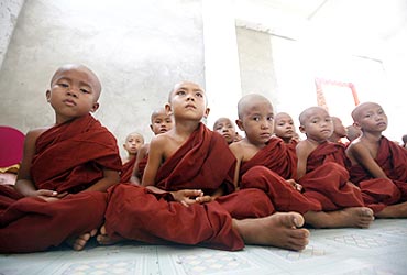Young Buddhist monks at a monastery near Pyar Pon township in Myanmar