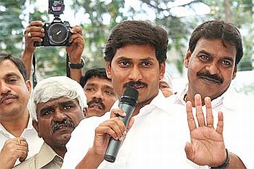 File photo shows Jagan addressing his supporters in Hyderabad