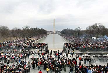 Crowds gather near the Washington Monument in Washington DC