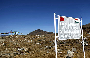 A signboard near the Indo-China border at Bumla, Arunachal Pradesh