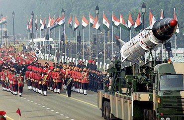 The Indian army showcases the Agni missile during the Republic Day parade in New Delhi