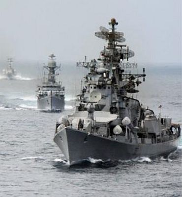 Indian naval ships taking part in an execise in the Indian Ocean