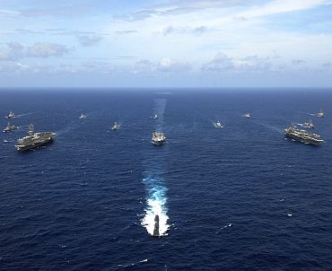 File photo shows naval ships from India, Australia, Japan, Singapore and the United States sailing in formation in the Bay of Bengal during Exercise Malabar 07