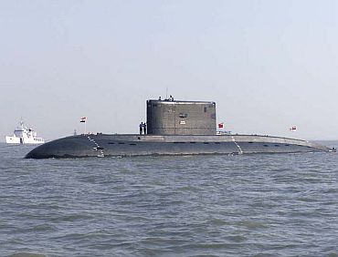 Indian Navy submarine INS Sindhurakshak (S 63) at anchorage off Mumbai