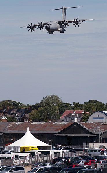 The Airbus Military A400M aircraft prepares to land at the Farnborough International Airshow