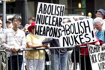 Demonstrators at an anti-nuclear weapons protest rally in New York