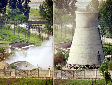 A combination pic shows a cooling tower and the site after it was demolished at a N Korean N-plant