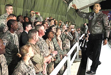 US President Barack Obama meets American troops at Bagram Air Base in Kabul