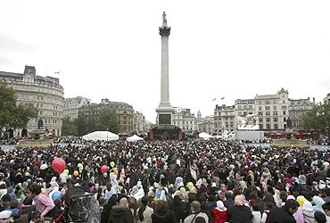 Thousands gather in Trafalgar Square in London to celebrate the festival of Eid al-Fitr