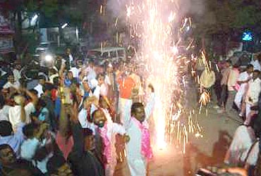 A file photo of Telangana supporters celebrating the Centre's decision to carve out a separate state