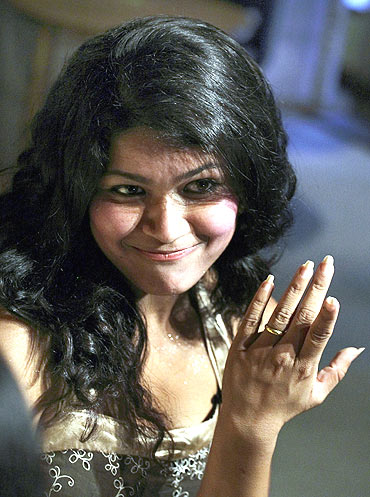 Nihita Biswas shows her engagement ring to the media in Kathmandu in 2008