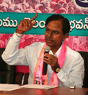 TRS chief K Chandrashekhar Rao addresses media persons after the poll results were announced