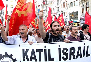 Demonstrators take part in a protest against Israel in Istanbul