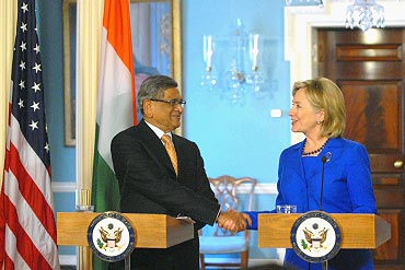 Secretary of State Hillary Clinton with Indian External Affairs Minister S M Krishna