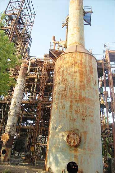 Dilapidated metal tanks in the UCIL premises