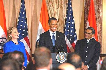 US President Barack Obama with US Secretary of State Hillary Clinton and External Affairs Minister S M Krishna at the inaugural US-India Strategic Dialogue in Washington, DC