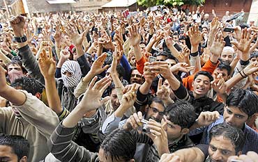 Kashmiri protesters during a protest organised by the Hurriyat Conference in Srinagar