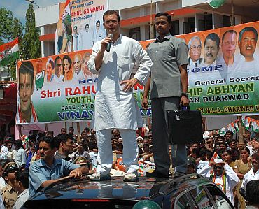 Rahul addresses a rally in Dharwad, Karnataka
