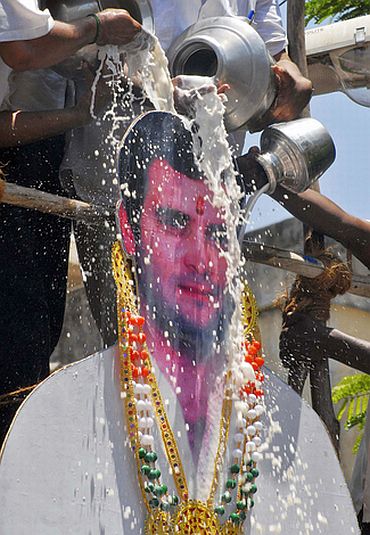 Rahul's supporters pour milk over a life-size cut-out
