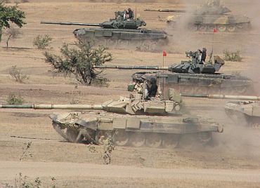 Indian tanks participate in a war game