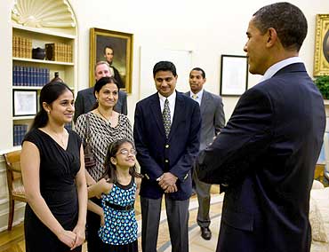 President Barack Obama greets Kavya Shivashankar, and her family   sister, Vanya, and parents, Sandhya and Mirle Shivashankar.