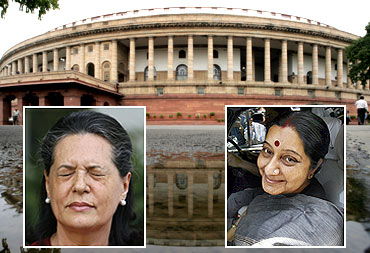 Parliament and (inset) Congress president Sonia Gandhi and Bharatiya Janata Party leader Sushma Swaraj, the two most powerful women in the Lok Sabha