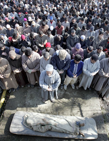 Villagers at the funeral of a LeT militant killed by the Indian Army in Sopore.