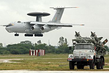 IAF surface-to-air missiles displayed as IL-76 aircraft prepares to land at Hindon air force station