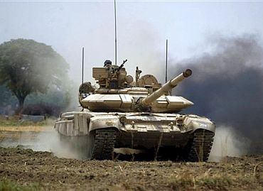 A T-90 Main Battle Tank takes part in a war game