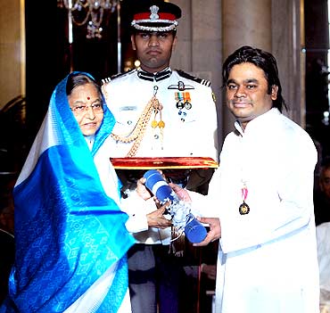 President presenting Padma Bhushan Award to music maestro A R Rahman