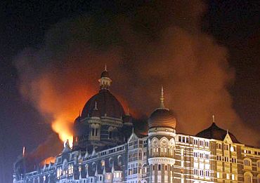 The Taj Hotel on fire during the attack