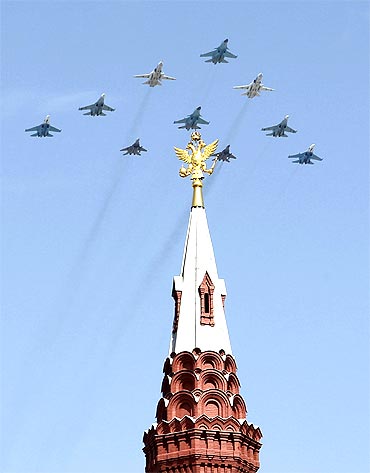Russian military aircraft fly over Red Square