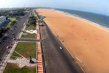 An aerial view of Marina beach in Chennai