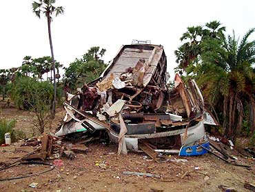 The wreckage of the bus blown up by Maoists in Dantewada