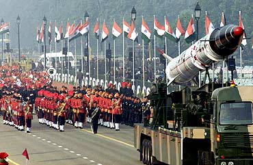 Indian soldiers roll out the Agni missile during rehearsals for the Republic Day parade